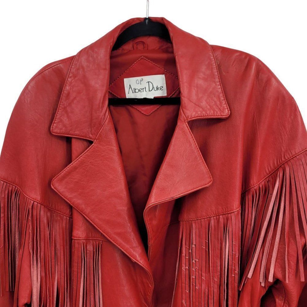 Vintage Leather Fringed Jacket Coat L Red Oversized Belted Rodeo Cowgirl Boho - Picture 4 of 16